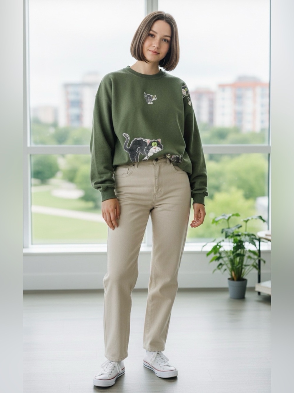 Vintage 90s Cat Green Sweatshirt Adult XL Hanes Comfort Blend PrintPro USA Flaw